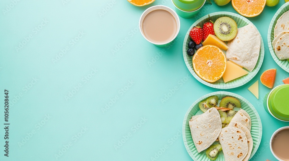 A table with plates of food, coffee cups, and fruit A table with plates of food, coffee cups, and fruit