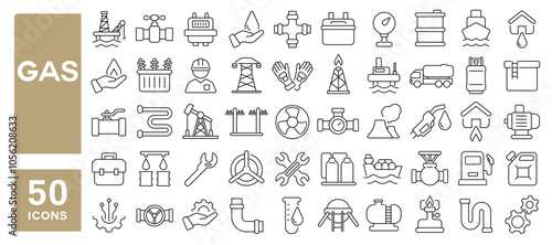 Set of 50 line icons related to gas, natural, oil, petrol, station, energy, pump, flame, fossil, Editable stroke. Vector illustration