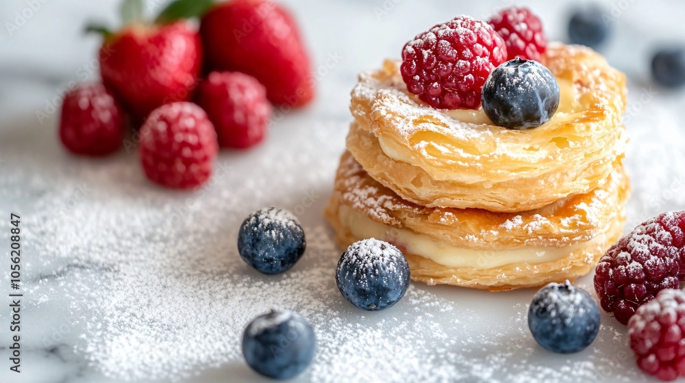 Small Pithiviers with vanilla custard filling, isolated on a polished marble background, with fresh berries and powdered sugar Small Pithiviers with vanilla custard filling, isolated on a polished marble background, with fresh berries and powdered sugar