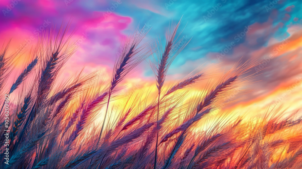 A low-angle close-up of wheat ears swaying gracefully in the sunset breeze, set against a colorful evening sky.
A low-angle close-up of wheat ears swaying gracefully in the sunset breeze, set against a colorful evening sky.