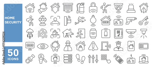 Set of 50 line icons related to home security, protection, smart, identity, camera, remote, access, lock, safe, house, detector, Editable stroke. Vector illustration