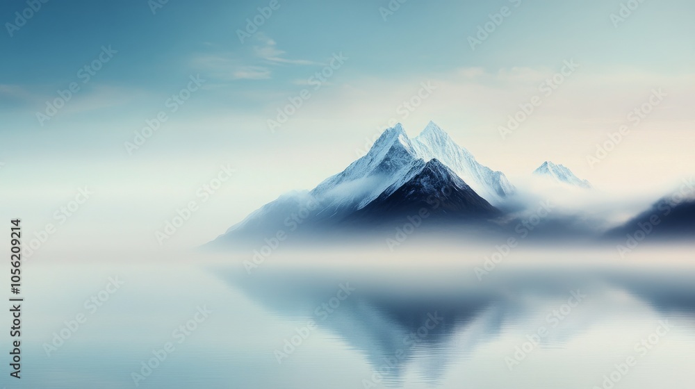 Tranquil lake reflecting misty mountains at dawn in a serene natural landscape Tranquil lake reflecting misty mountains at dawn in a serene natural landscape