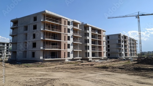  Urban construction site featuring tall buildings under clear blue sky