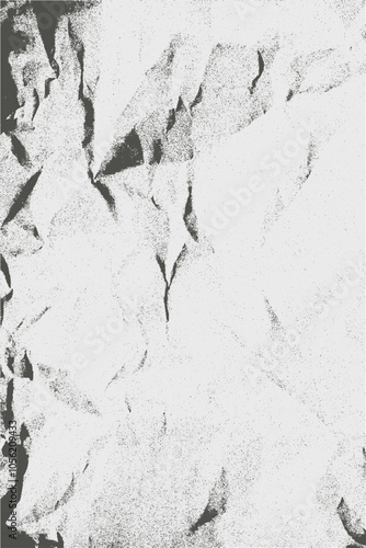 Halftone texture crumpled paper. Template vector black halftone background. Grunge monochrome noise craft design paper. Dotted realistic overlay bg in punk style for collage, poster, background.