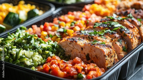 Healthy meal prep featuring grilled chicken and colorful vegetable sides in containers