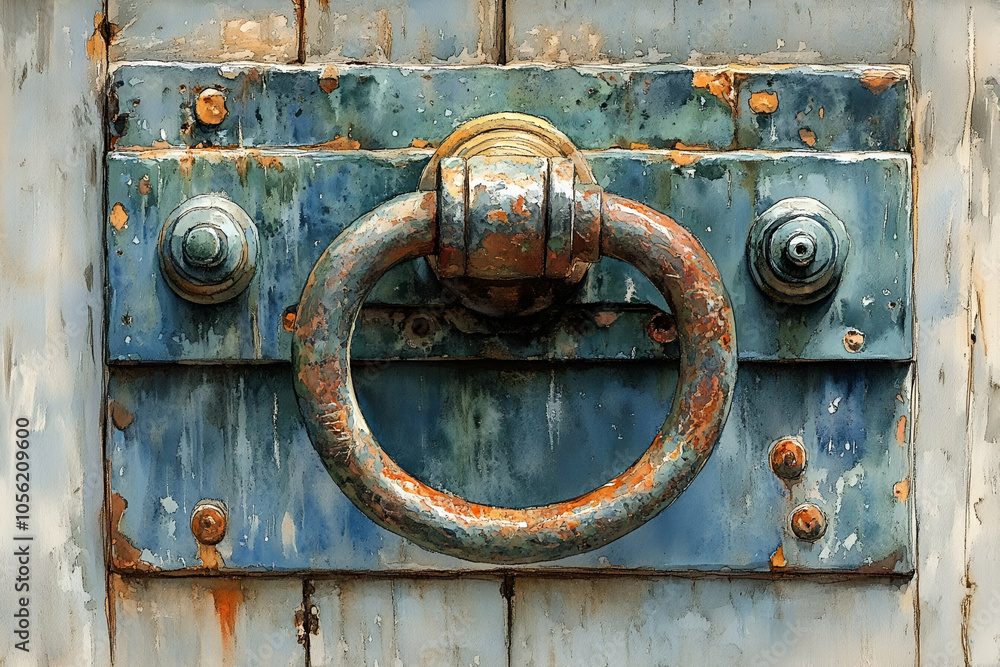 A detailed, rusty door knocker set against an old, blue-painted door, showcasing age and weathering. A detailed, rusty door knocker set against an old, blue-painted door, showcasing age and weathering.