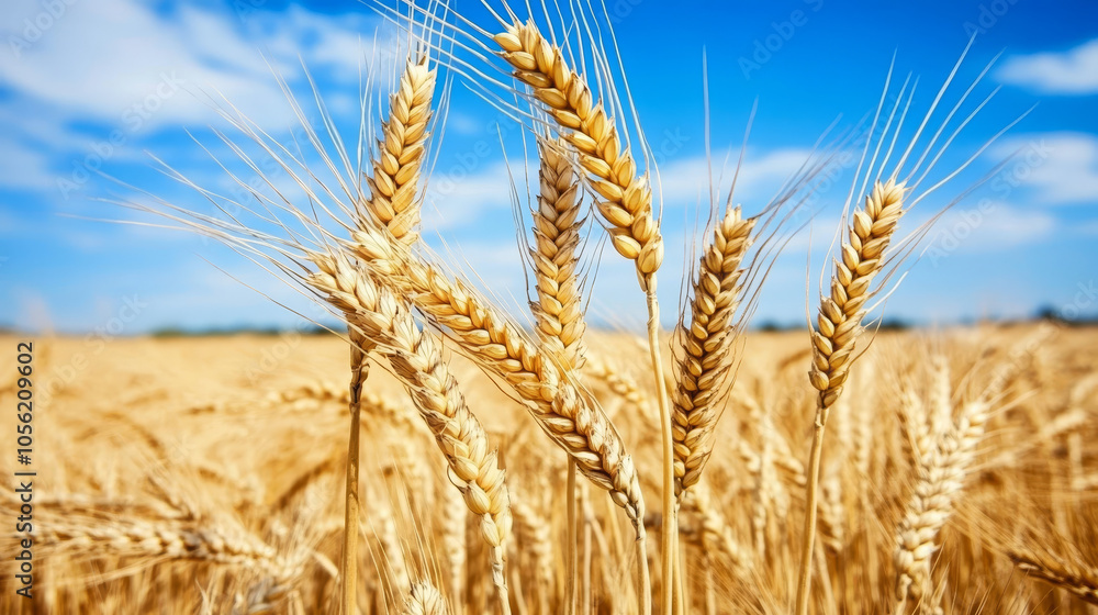 Golden wheat ears in the field, creating an agricultural background.
Golden wheat ears in the field, creating an agricultural background.