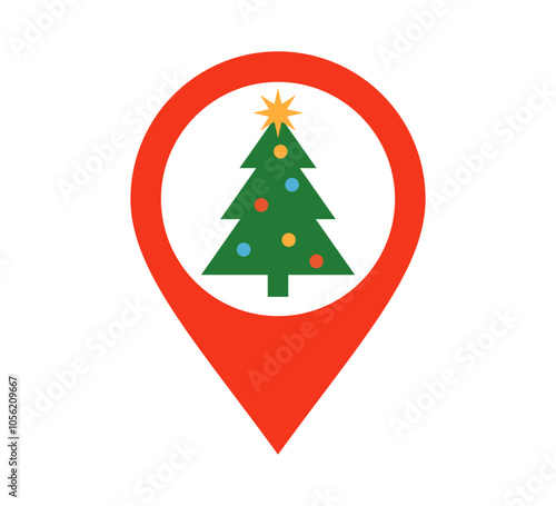 Christmas location icon. Christmas tree and map pin. Xmas market sign. Holiday place red symbol. Vector illustration isolated on white background.