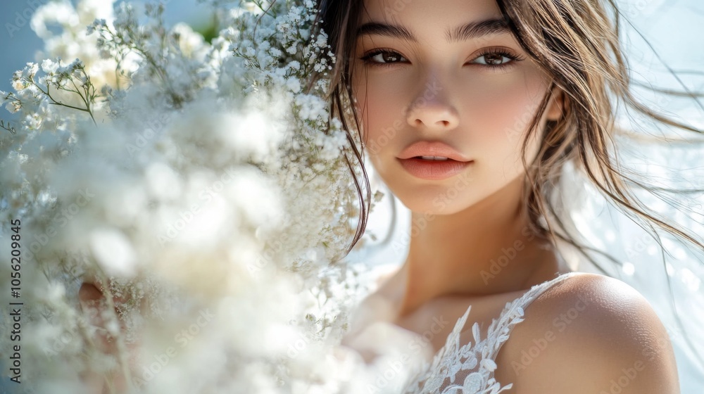 Woman in a field surrounded by nature with serene expression Woman in a field surrounded by nature with serene expression
