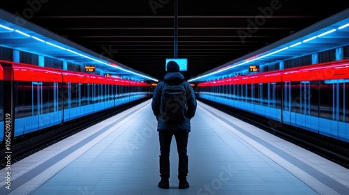 A solitary figure stands still at a contemporary subway platform, surrounded by striking blue and red lighting, as trains glide silently past in the twilight photo