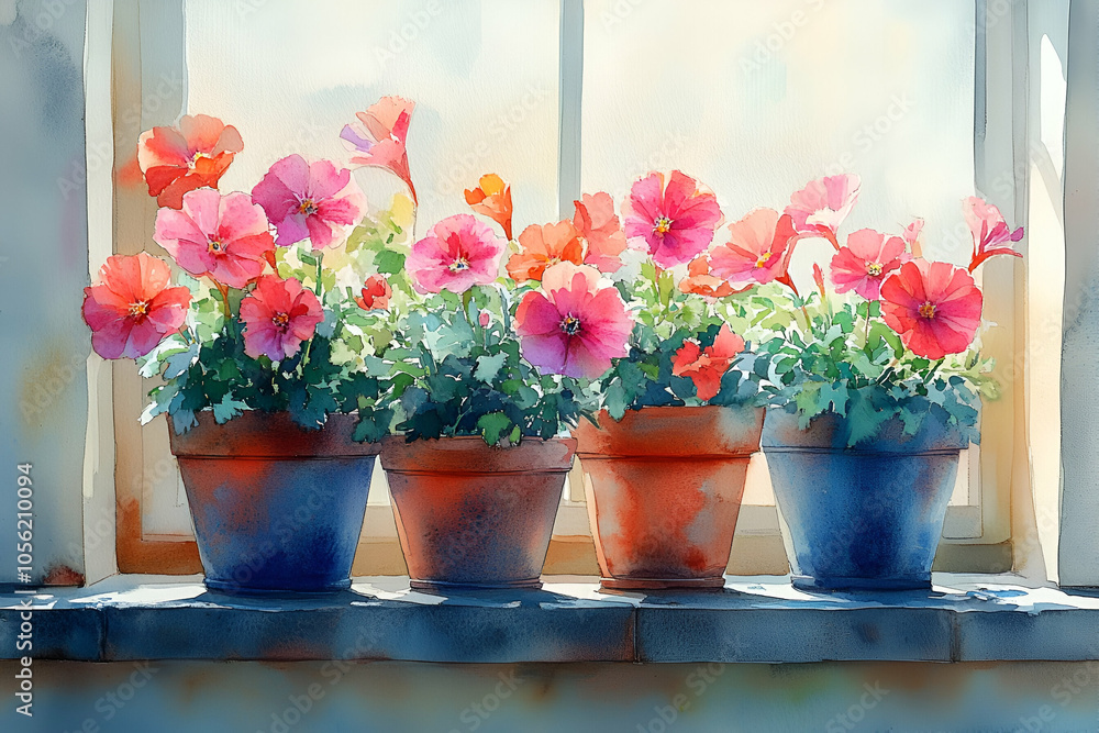 A colorful arrangement of blooming petunias in pots, brightening a window sill with their vibrant hues and lush greenery. A colorful arrangement of blooming petunias in pots, brightening a window sill with their vibrant hues and lush greenery.