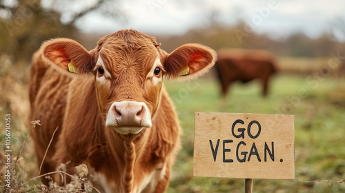 Cow with “Go Vegan” sign in natural outdoor setting, animal welfare, ethical message, promoting plant-based lifestyle, livestock, compassionate farming, awareness photo