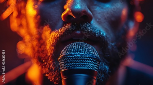 Close-up of male singer’s face with microphone, intense stage performance, emotional music expression, dramatic lighting in concert setting, live music, vocal artist, night atmosphere photo