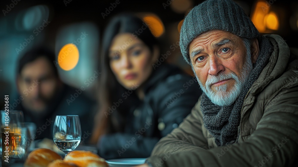 The elderly man with a gray beard and warm scarf gazes thoughtfully while seated with friends at a restaurant. A glass of drink and bread rolls sit on the table in the background The elderly man with a gray beard and warm scarf gazes thoughtfully while seated with friends at a restaurant. A glass of drink and bread rolls sit on the table in the background