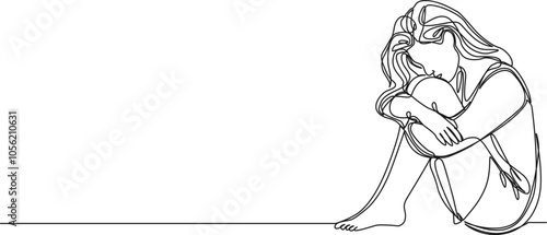 continuous single line drawing of sad woman sitting on floor, arms around knees, line art vector illustration