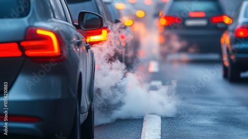 Heavy traffic fills the road as vehicles sit idle on a rainy morning. Exhaust fumes rise from the cars, creating a misty atmosphere in the urban environment