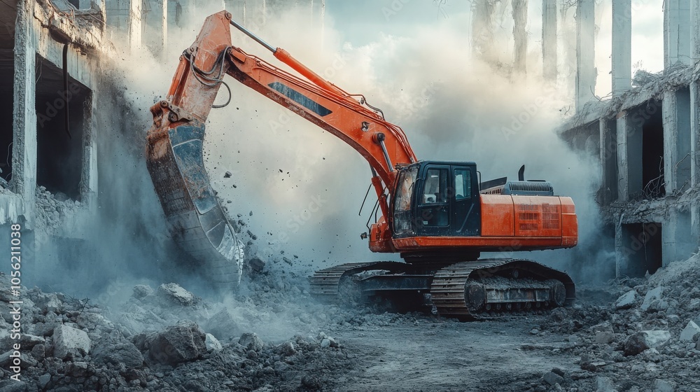 Excavator demolishing a building at a construction site in the morning light Excavator demolishing a building at a construction site in the morning light