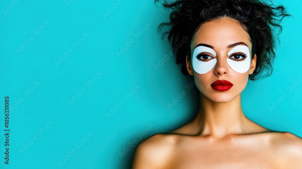 A woman showcases her beauty routine while wearing unique eye masks that enhance her features, standing confidently against a bright turquoise backdrop A woman showcases her beauty routine while wearing unique eye masks that enhance her features, standing confidently against a bright turquoise backdrop