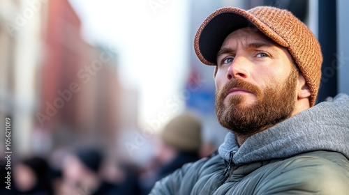 A man with a thick beard and a knit hat stands outside, observing his surroundings with a contemplative expression. The street is bustling with people and buildings in the background