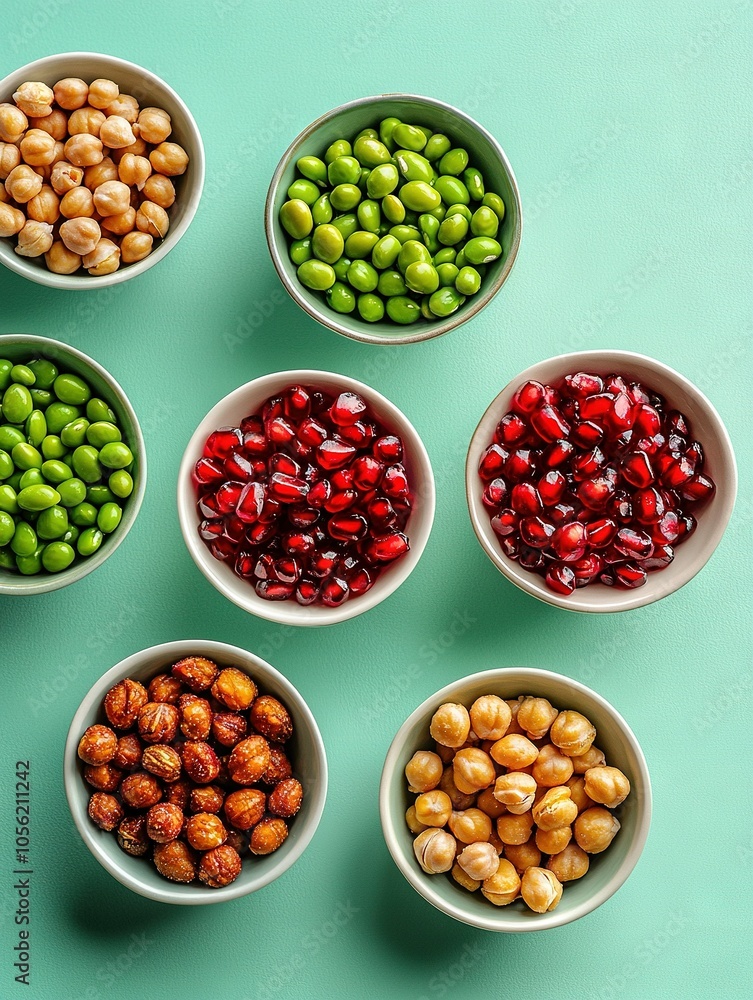 A collection of bowls brimming with diverse bean varieties arranged beside one another atop a verdant tablecloth A collection of bowls brimming with diverse bean varieties arranged beside one another atop a verdant tablecloth