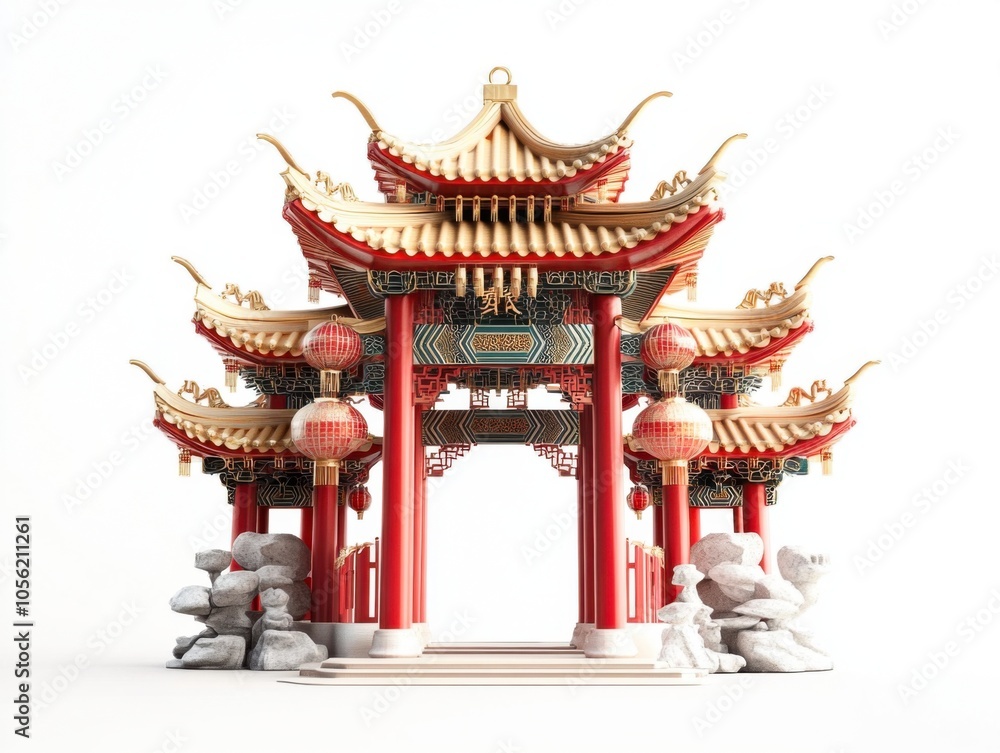 Fototapeta premium Exquisite traditional chinese pavilion surrounded by serene stone elements showcasing architectural brilliance and cultural heritage, Generative Ai, Lunar New Year, Chinese New Year