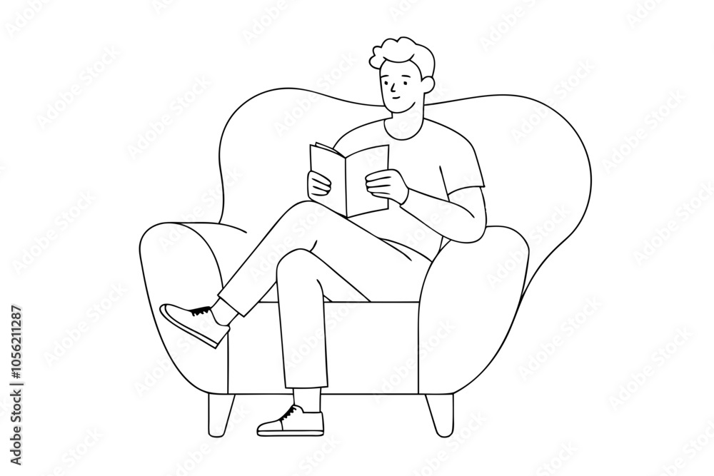 line drawing of man in comfortable armchair reading a book, line drawing of man in comfortable armchair reading a book,