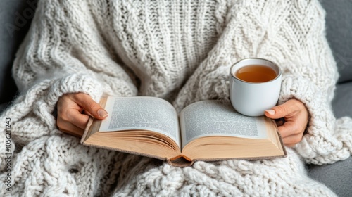 On a chilly winter afternoon, a person relaxes in a cozy blanket, sipping tea and deeply engaged in a book, creating a warm and inviting atmosphere at home photo