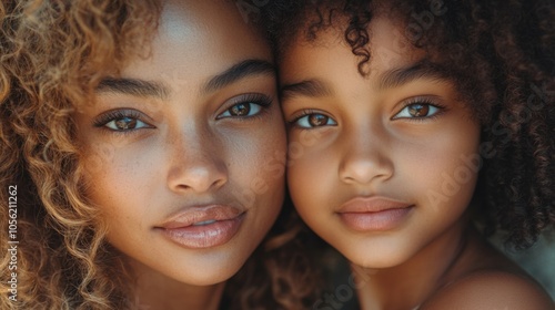 Close-up portrait of mother and daughter with curly hair, beautiful brown eyes, family bond, natural beauty, similar features, tender moment, love, family portrait, motherly love, parent-child