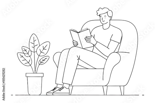  line drawing of man in comfortable armchair reading a book,