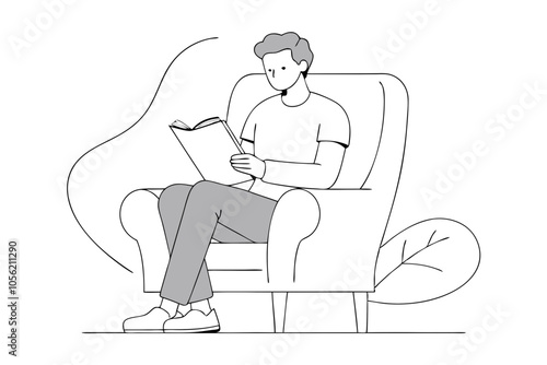  line drawing of man in comfortable armchair reading a book,