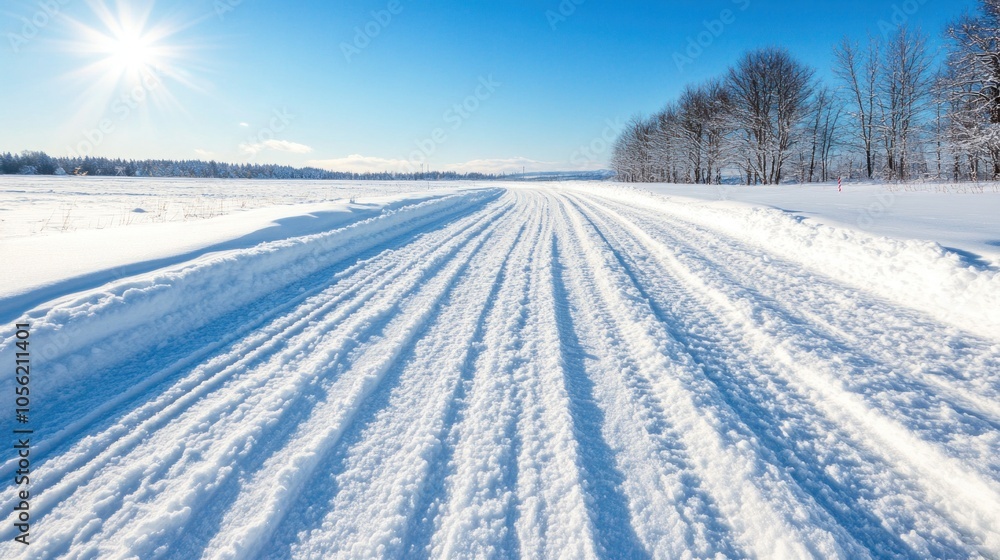 A wide, snow-covered road meanders through a tranquil winter landscape, flanked by frosted trees under a radiant sun, creating a peaceful and picturesque view A wide, snow-covered road meanders through a tranquil winter landscape, flanked by frosted trees under a radiant sun, creating a peaceful and picturesque view