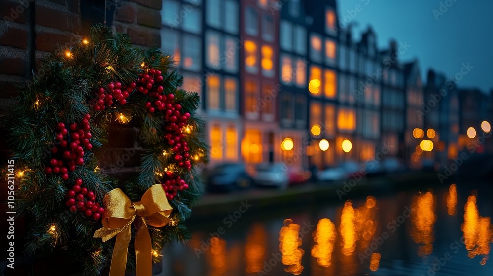 Traditional Holiday Wreath Decorated with Red Berries and Golden Ribbon by a Canal in Switzerland Traditional Holiday Wreath Decorated with Red Berries and Golden Ribbon by a Canal in Switzerland
