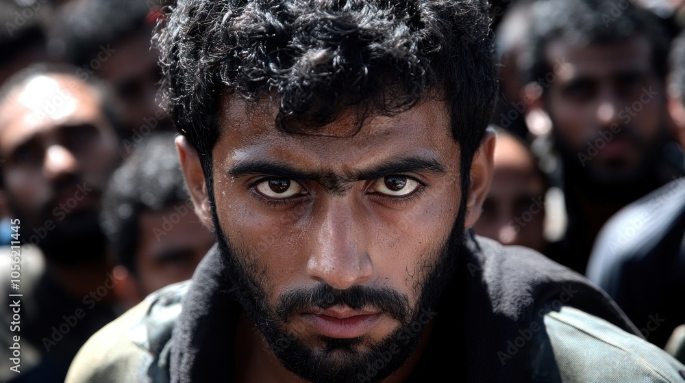 In a densely packed crowd, a young man stands out with a focused expression, capturing the attention of those around him. The environment reflects a charged atmosphere In a densely packed crowd, a young man stands out with a focused expression, capturing the attention of those around him. The environment reflects a charged atmosphere
