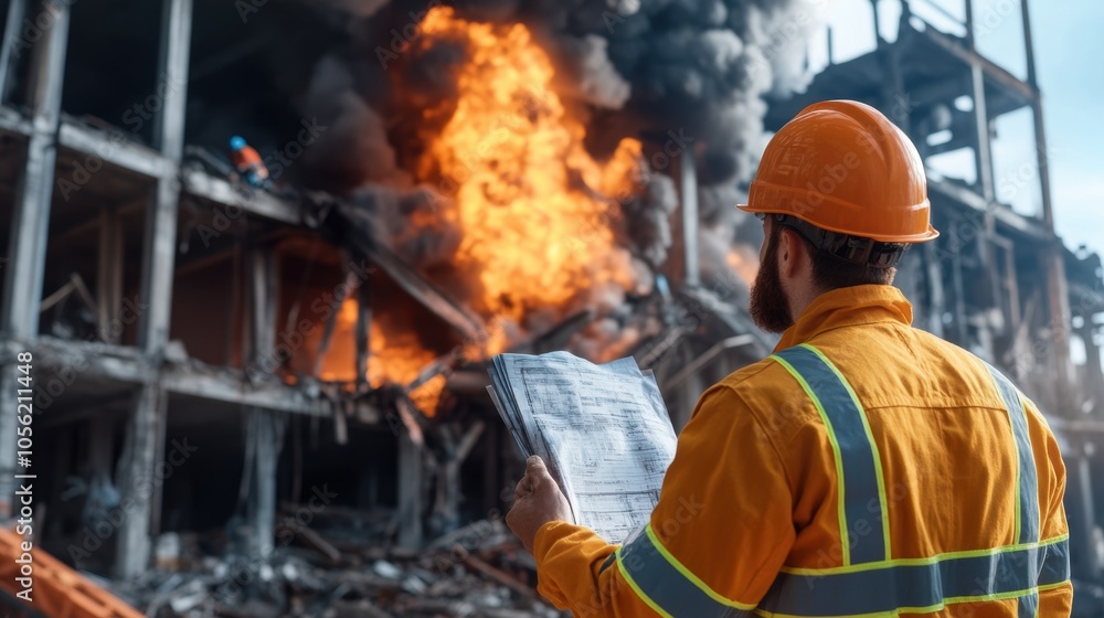 A construction worker in an orange safety helmet studies blueprints while observing a building engulfed in flames and smoke at a construction site during the day A construction worker in an orange safety helmet studies blueprints while observing a building engulfed in flames and smoke at a construction site during the day