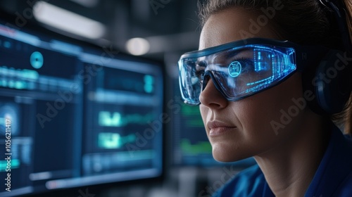 A focused engineer wearing augmented reality glasses examines complex data on multiple computer monitors in a modern digital workspace filled with advanced technology