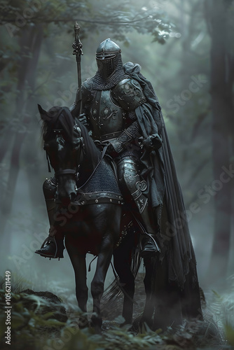 A Gallant Knight in Shining Armor Ready for a Noble Quest at the Edge of a Mystical Forest photo