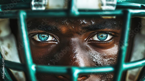 Intense Close-Up of Football Player's Eyes Behind Helmet. National Football League, NFL, Football Championship. photo