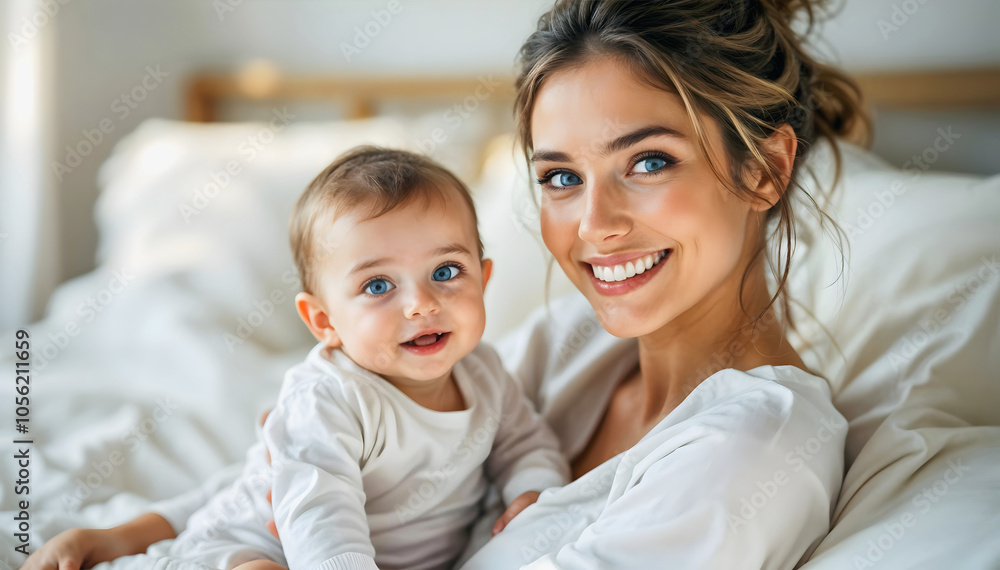 Portrait of beautiful happy young mother with blue eyes holding her baby toddler, woman and child, people background, motherhood