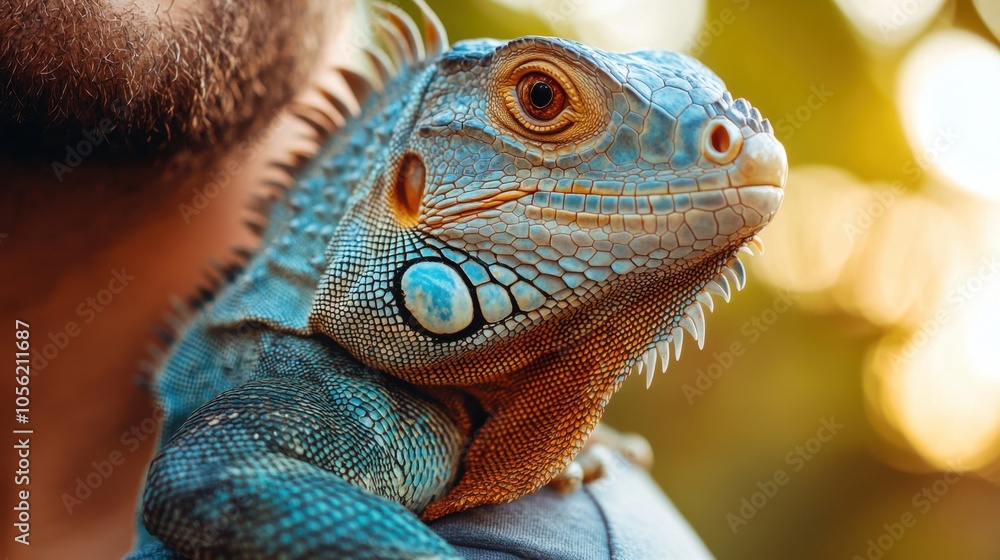 Close-Up of Iguana on Man’s Shoulder, Vibrant Blue and Orange Exotic Reptile, Pet Companionship, Wildlife Photography, Nature and Animal Portrait Close-Up of Iguana on Man’s Shoulder, Vibrant Blue and Orange Exotic Reptile, Pet Companionship, Wildlife Photography, Nature and Animal Portrait