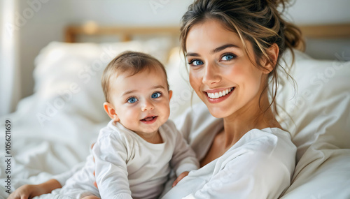 Obraz na płótnie Portrait of beautiful happy young mother with blue eyes holding her baby toddler, woman and child, people background, motherhood w salonie