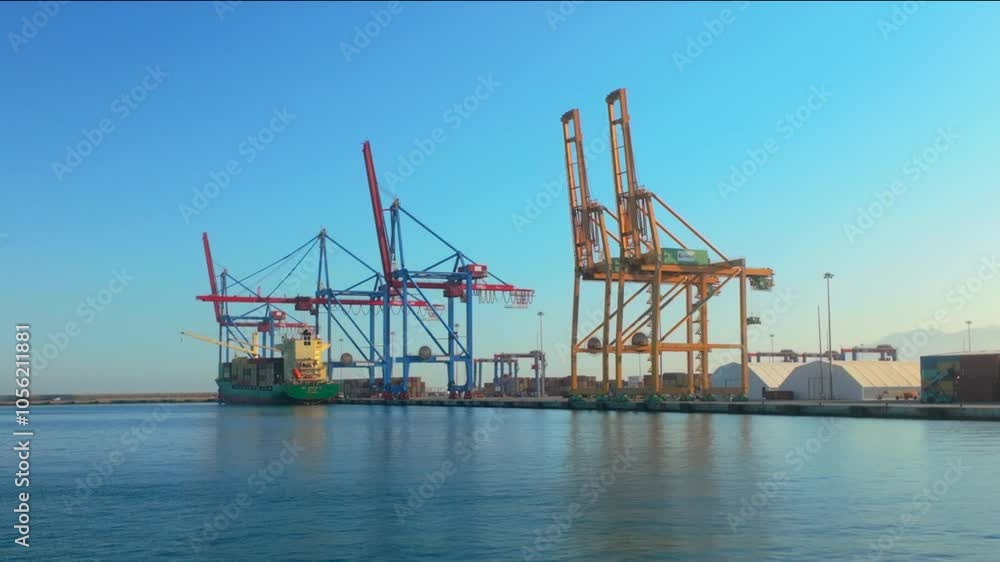 A wide shot of large container cranes and a cargo ship at the port of Málaga, Spain, under a clear blue sky, capturing the industrial activity by the waterfront A wide shot of large container cranes and a cargo ship at the port of Málaga, Spain, under a clear blue sky, capturing the industrial activity by the waterfront