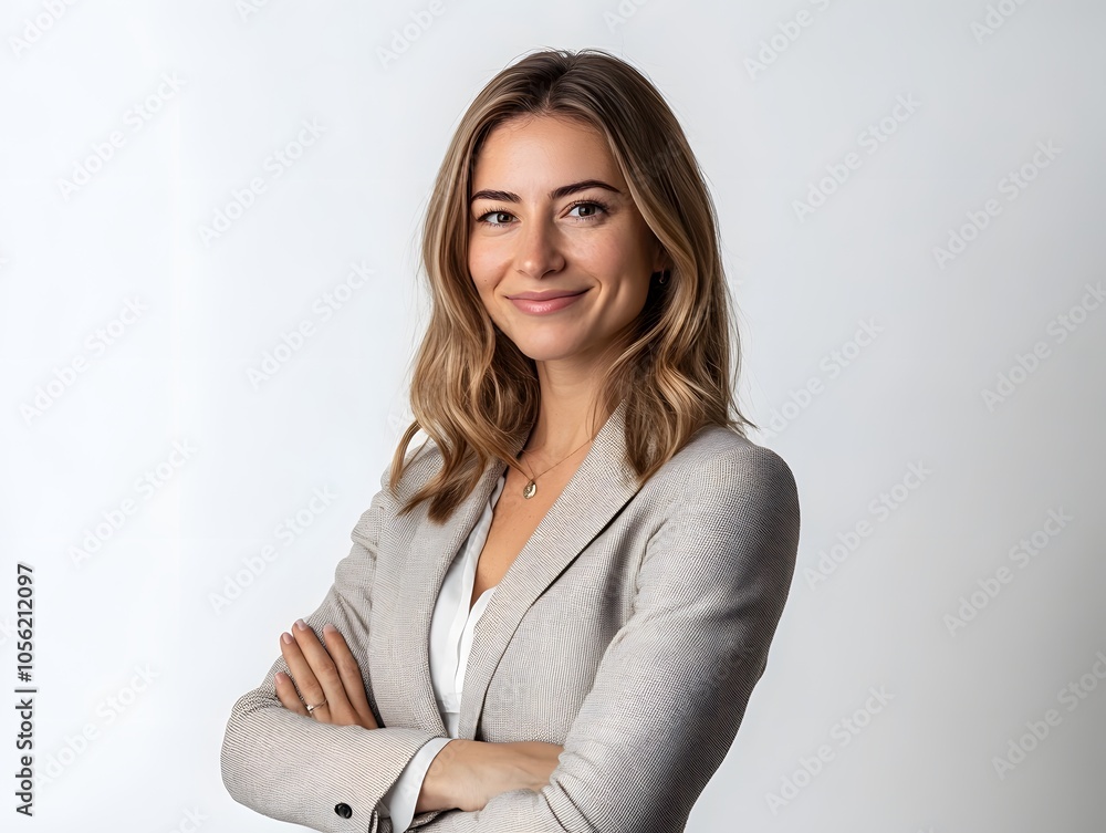 A happy professional woman posing confidently with arms on white background A happy professional woman posing confidently with arms on white background