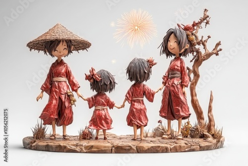 Celebrating together a heartwarming family gathering under fireworks with traditional attire and joyful spirits, Generative Ai, Lunar New Year, Chinese New Year