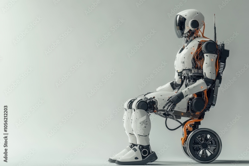 Futuristic humanoid robot in a seated position on a wheeled base against a minimalist background Futuristic humanoid robot in a seated position on a wheeled base against a minimalist background