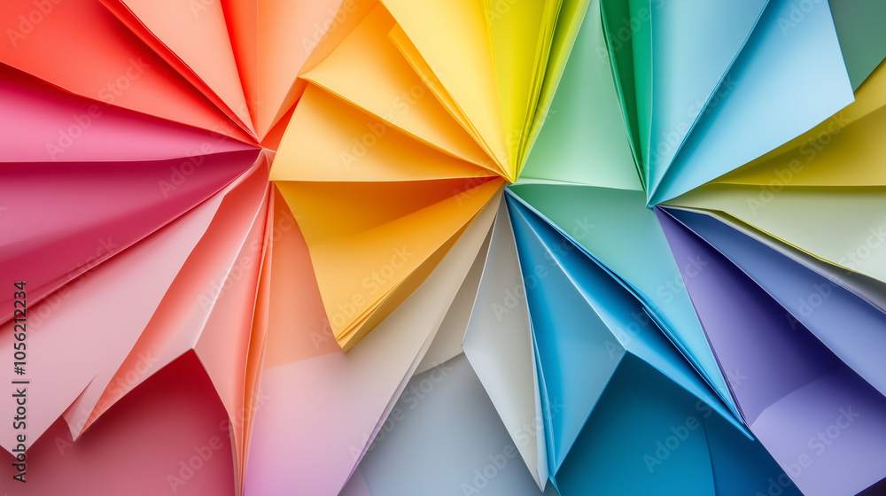Colorful folded paper background with radial pattern in rainbow hues Colorful folded paper background with radial pattern in rainbow hues