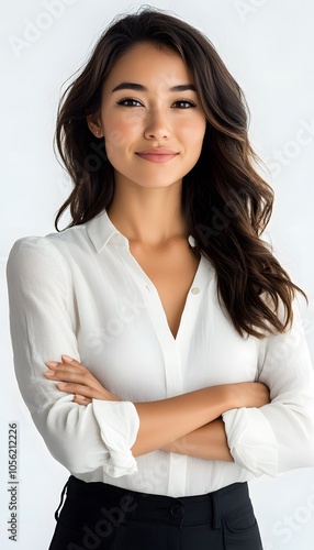 A happy professional woman posing confidently with arms on white background