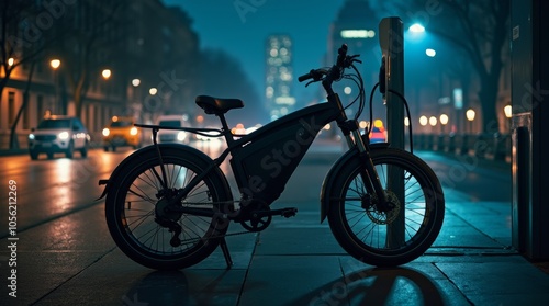 An electric bike stands by a charging station, illuminated by the glowing city lights at night, symbolizing the fusion of sustainability and urban lifestyle