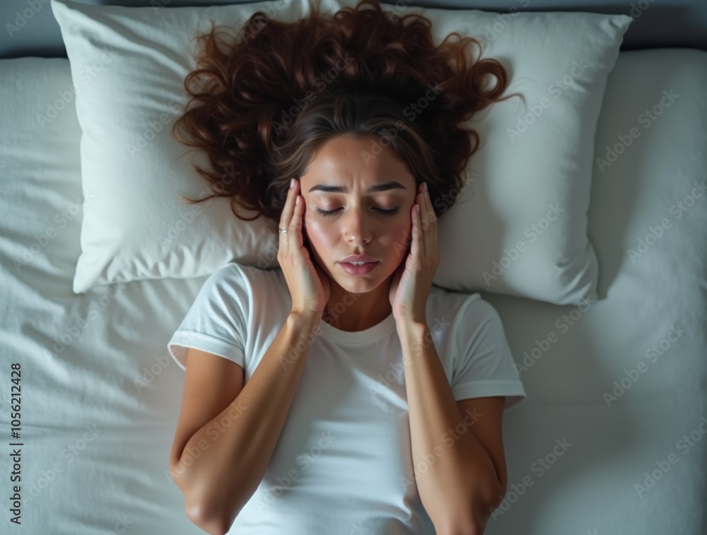 Fototapeta premium Annoyed woman closing ears with hands suffering from loud snore, top view shot