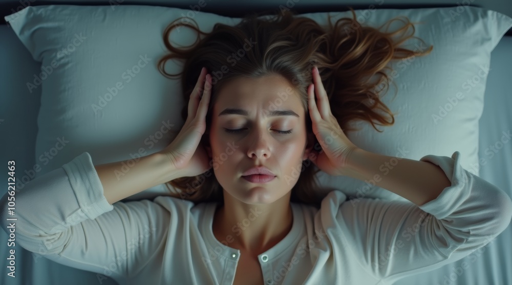 Annoyed woman closing ears with hands suffering from loud snore, top view shot Annoyed woman closing ears with hands suffering from loud snore, top view shot