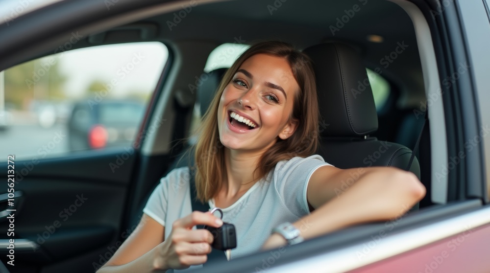 Excited European woman sitting in car salon, happy owner holding car key looking back at camera and smiling. Car insurance concept Excited European woman sitting in car salon, happy owner holding car key looking back at camera and smiling. Car insurance concept